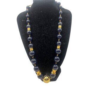 Liz Claiborne Vintage Statement Necklace 20+6" Navy Gold Beads Crown Shield Tag